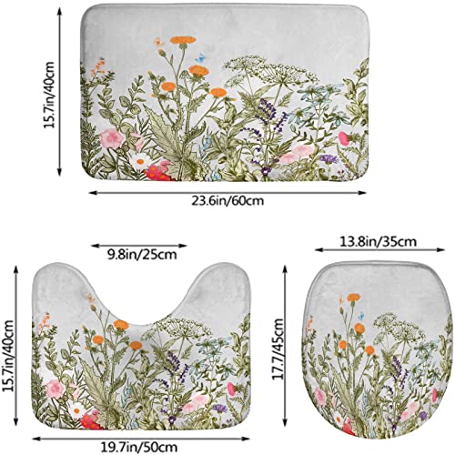 Badezimmerteppich-Set, 3-teilig, Bunte Blume, Pflanze, Blume, Vintage-Kräuter, Naturlandschaft, waschbare Badteppiche, rutschfest, mit Rückenpolster, Konturteppich und Toilettendeckelbezug – Bild 3