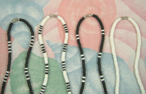 Native Treasure (4 Pack) Mens and Womens Summer Beach Surfer Necklaces From the Philippines, Black Coconut Beads with White Clam Heishe Ark Shells, Mens Summer Necklaces4