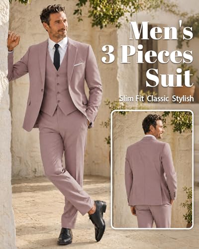 Image of MY'S Men's 3 Piece Suit Set with Tie, One Button Slim Fit Solid Jacket Vest Pants, Prom Party Wedding Business Suits for Men