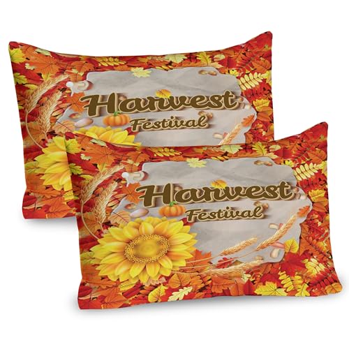 Ambesonne Harvest Pillow Sham Set of 2, Harvest Festival Poster Design with Vibrant Autumn Leaves and Sunflower, Quality Microfiber Bedding Item for All Seasons, 26