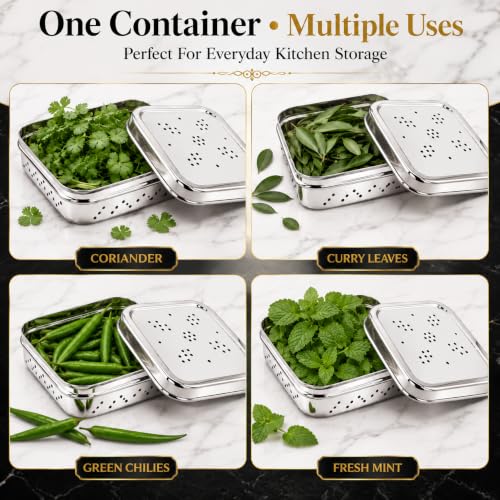 Image of Kanshita's Rasoiware Stainless Steel Coriander Storage Container with Ventilated Lid, Food Grade Kitchen Storage Box for Coriander, Mint, Curry Leaves & Spices, 11.7 x 4.5 cm, Set of 1