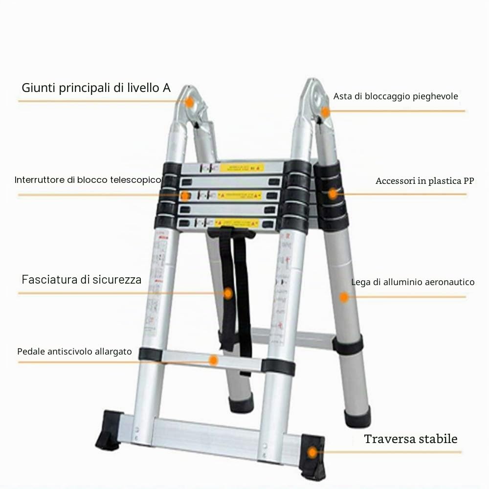 Scala telescopica pieghevole da 5 m, con gomma antiscivolo, multiuso allungabile, 150 kg, in alluminio