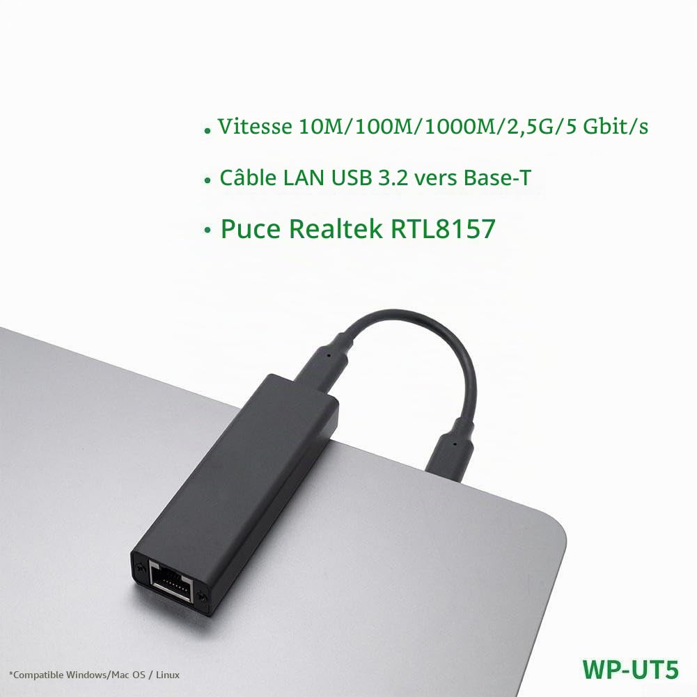 Eawfgtuw Adaptateur USB 3.2 vers Ethernet 5GbE (WP-UT5) haute vitesse compatible avec Windows 11 pour MACOS pour Linux Synology pour QNAP QTS pour ordinateur portable de bureau