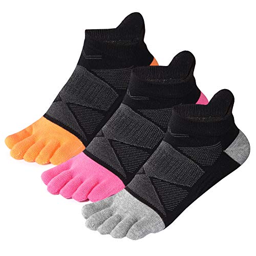 Womens Toe Socks Cotton Five Finger Socks No Show Toe Socks for Running 3 Pack(Black&Rose&Orange)