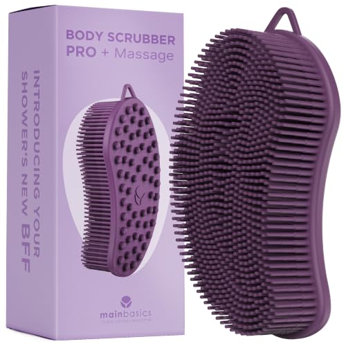 Image of MainBasics Exfoliating Silicone Body Scrubber Pro 2-in-1 Shower Scrubber for Body Care, Silicone Loofah and Massager (Purple, Body + Massage)