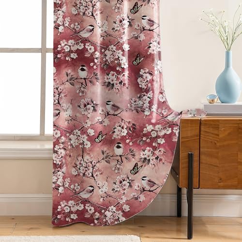 Image of LINENWALAS Printed Blackout Curtains for 9 Feet Long Door | Set of 2 | Charming Bird & Floral Drapes | Thermal Insulated, Room Darkening Panels with Grommet Hanging for Living Room (Peach Blossom)