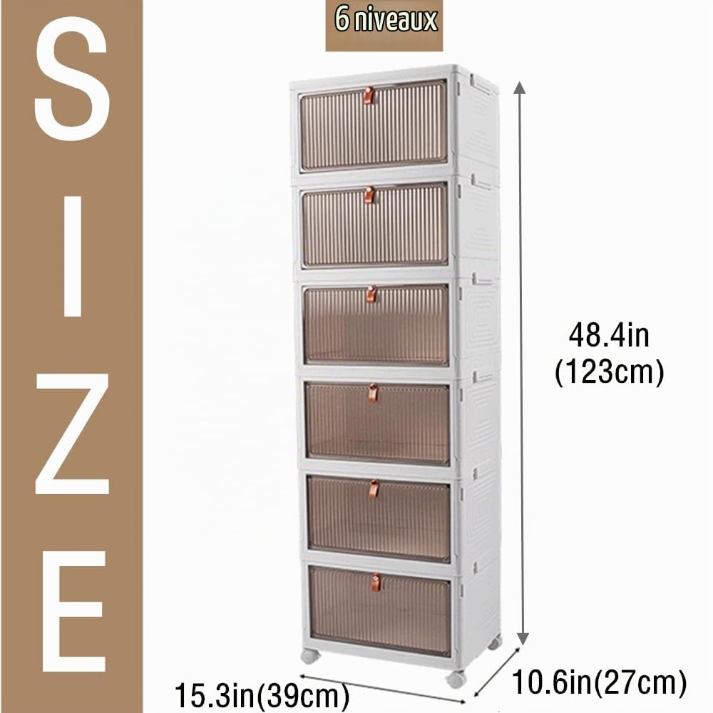 Bacs de rangement pliables avec couvercle, roulettes et porte magnétique, organiseur ABS empilable et pliable pour cuisine, vestiaire, salon et bureau (6 niveaux)