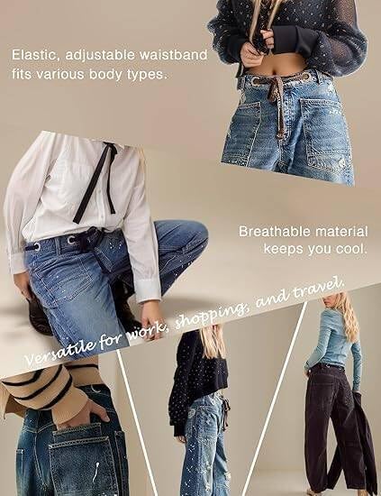 Womens Pull-On Barrel Jeans Mid-Low Rise Boyfriend Drawstring Ankle Baggy Elastic Waist Stretchy Boho Denim Pants - Image 6