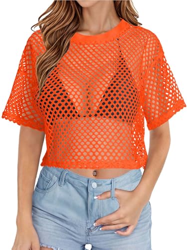 Image of Women's Mesh Top Fishnet T Shirts Sheer Loose Short Sleeve See Through Crop Tops