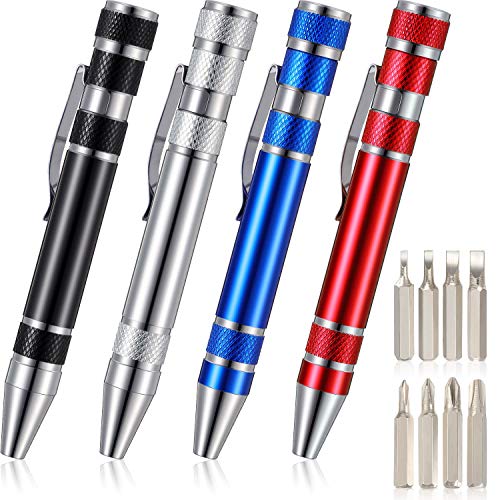 4 Pieces Pen Screwdriver Multitool Handy Tool 8 in 1 Magnetic Pocket Screwdriver Multi Function Mini Gadgets Repair Tools (Black, Red, Blue, Silver)