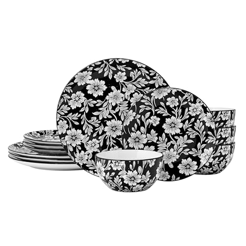 Pfaltzgraff Midnight Blooms 12 Piece Floral Stoneware Dinnerware Plate Bowl Dish Set Service for 4 Black