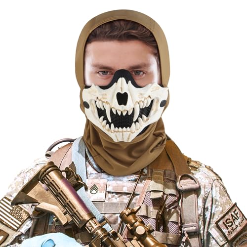 Yzpacc Airsoft Half Face Skull Masks Tactical Balaclava Full Face Mask Tactical Face Protection Mesh Mask for Halloween Paintball CS Hunting Outdoor Sports Airsoft Skiing Protection for Men and Women