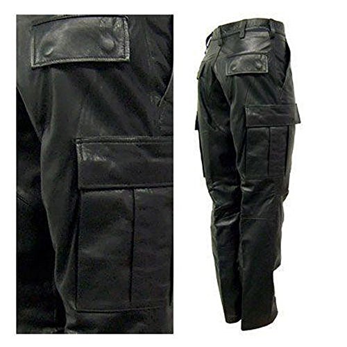 Mens Real Black Leather 6 Pockets Cargo Pants Jeans Fully Lined2