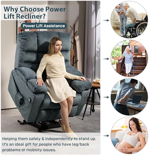 Oversized Zero Gravity Power Lift Recliner Chair for Elderly Adults Big Man Electric Lay Flat Recliner Triple Motor with Heat and Massage, Adjustable Seat Height, Arm Storage, Cup Holder