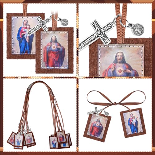 Wavwavw 6 Pcs Our Lady of Mt Carmel and Jesus Christ Sacred Brown Scapular Necklace with Benedict Medal and Crucifix Benediction and Protection Gift for Women Man First Holy Communion or Confirmation3