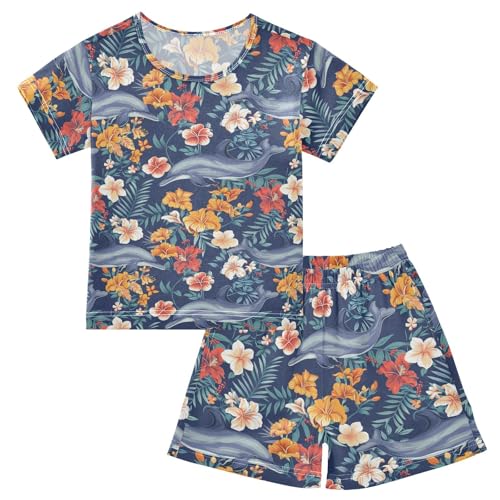 ALAZA Cute Dolphins Flowers Pajama Set Short Sleeve Sleepwear Soft Lounge Nightwear