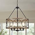 SLBWQ 4-Light Farmhouse Chandelier, Rustic Faux Wood Chandeliers Dining Room Light Fixture, Round Pendant Light, Hanging Kitchen Island Light for Living Room, Entryway, Foyer-Black & Wood Grain