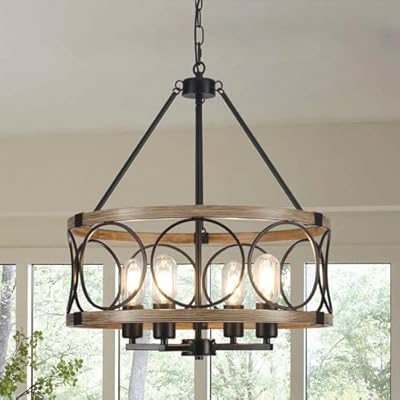 SLBWQ 4-Light Farmhouse Chandelier, Rustic Faux Wood Chandeliers Dining Room Light Fixture, Round Pendant Light, Hanging Kitchen Island Light for Living Room, Entryway, Foyer-Black & Wood Grain