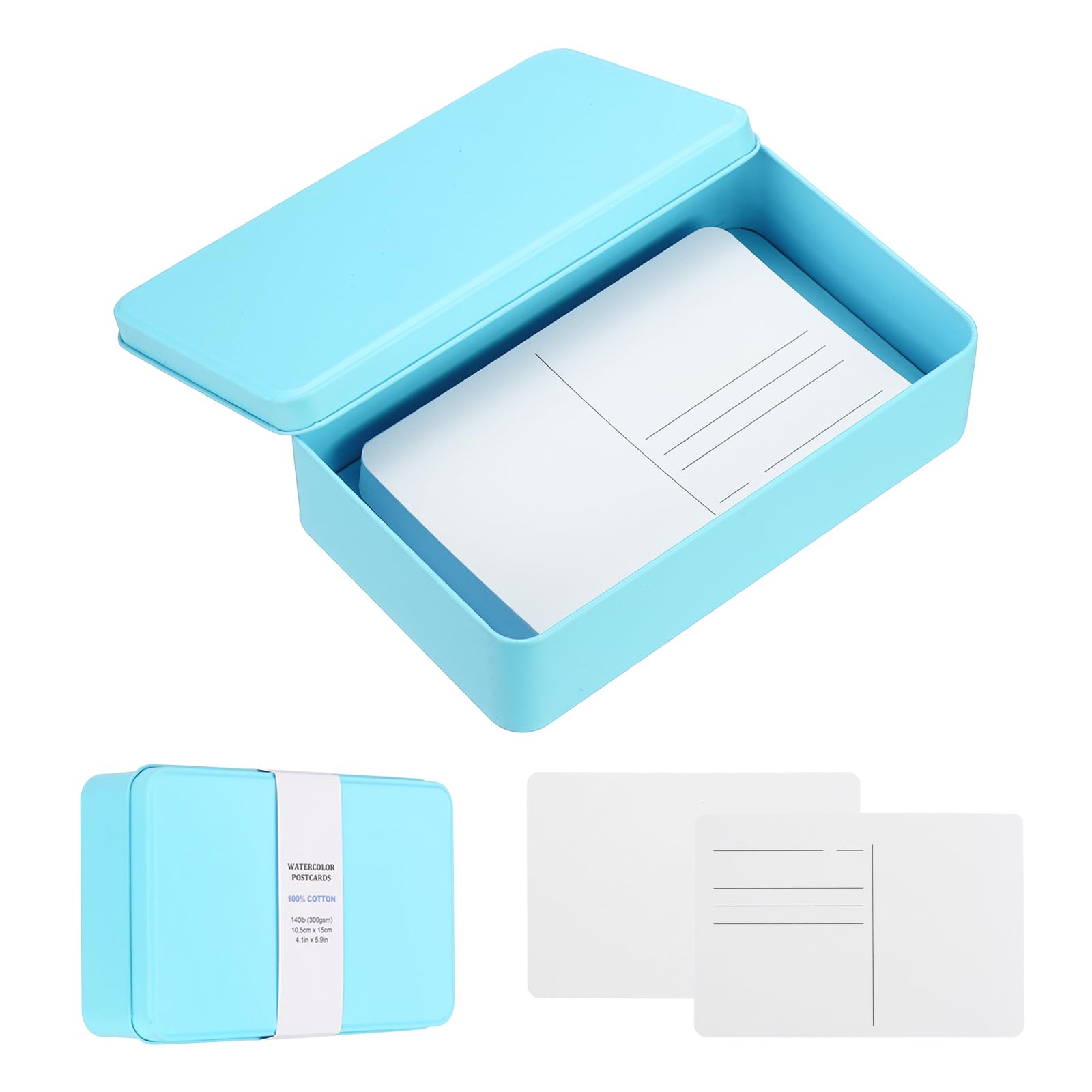 sourcing map 40 Sheets Watercolor Postcards, 100% Cotton 4x6 Inch Watercolor Paper with Blue Tin Box Blank Postcards Hot Pressed for Mailing Painting Invitations Greeting Cards(140lb/300gsm)