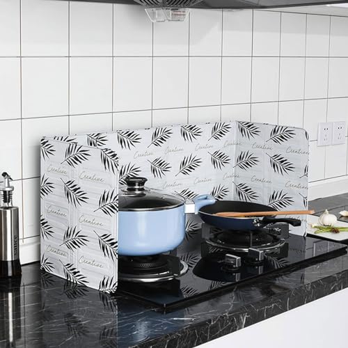 Kitchen Oil Guard, Stove Top Splatter Guard Foldable Splatter Screen Aluminum Foil Back Protector for Kitchen Wall Frying Pan Grease, 33.3x12.9in (Leaf)