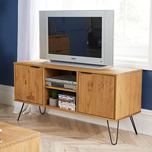 Home Source Industrial TV Media Plasma Unit Cabinet Stand Doors Shelves 115cm, Solid Wood, 2