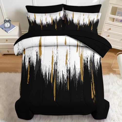 Nesker Comforter Set King Size Black Gold White 7 Pcs Bedding for Kids and Adults Abstract Oil Painting Bed Sheet Sets with Fitted Sheet 2 Pillowcases & 2 Shams
