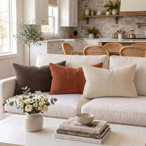 Image of Fancy Homi 2 Packs Rust Lumbar Decorative Throw Pillow Covers 12x20 Inch for Couch Bed Sofa, Rustic Farmhouse Boho Home Decor, Soft Striped Corduroy Rectangle Accent Terracotta Cushion Case 30x50 cm