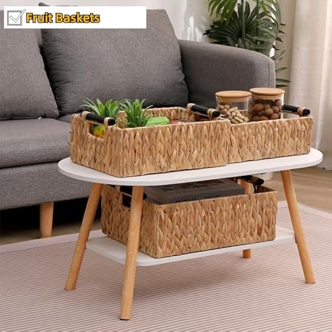 Wicker Storage Basket Shelf Bakets Hand-Woven Water Hyacinth Woven Storage Basket with Wooden Handles,Nested Organizer Container with Built-In Carry Handles,3 Pack