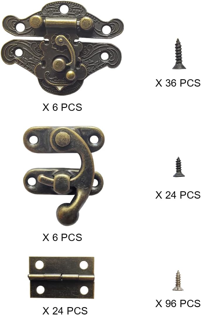 36 Sets Retro Jewelry Box Hinges and Latches Hooks, Small Latches Hinges for Wooden Boxes Hardware, Antique Cabinet Furniture Hinges Hasp Clasp - Bronze Tone (36pcs)