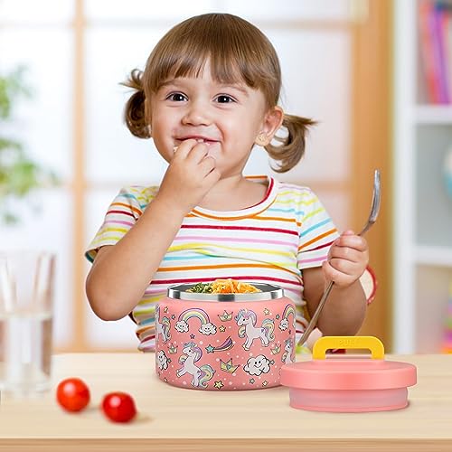 Image of PIQUEBAR 8oz Kids Thermo for Hot Food,Small Lunch Thermo Food Container Stainless Steel,Easy Open Wide Mouth Thermo for Hot Cold Food for Preschool Travel (Pink Unicorns)