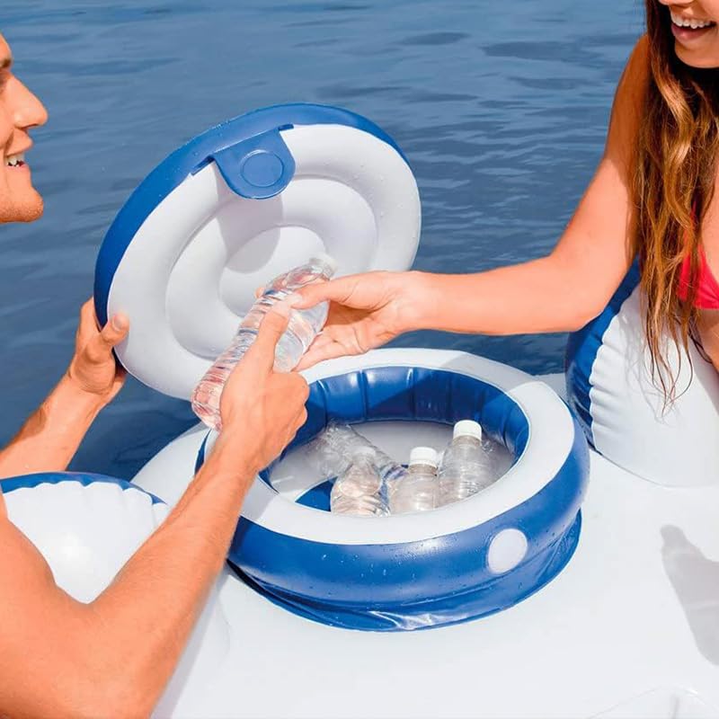 Virsus Ciambella Gonfiabile, di colore Blu, Nero e Bianco, Salvagente con fondo a Rete, Porta bibite e schienale per seduta comoda per piscine, Feste ed Eventi