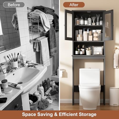 Shintenchi Over the Toilet Storage Cabinet, Bathroom Shelf Organizer with Anti-Tip Device Small Freestanding Space Saver with Adjustable Shelf and Glass Door, Grey by Shintenchi - Image 2