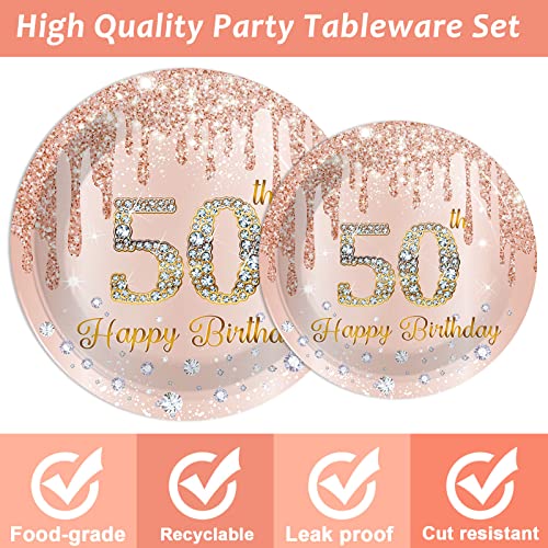 Image of 96 Pieces 50th Birthday Tableware Set for Pink Rose Gold 50th Birthday Table Decorations Supplies Pink Rose Gold Happy 50 Years Old Dessert Paper Plates Napkins Forks for 24 Guests Women Supplies