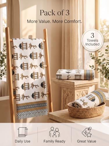 Image of Mafatlal Madhuban 250 GSM Waffle Cotton Bath Towels Pack of 3 | 147 x 76 cm | Fast Dry, Lightweight | Floral Design | Navy Blue