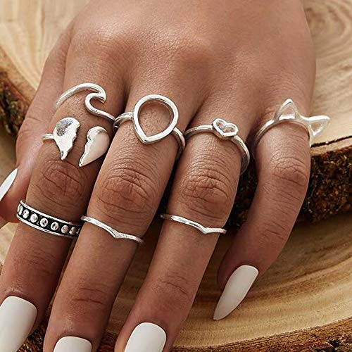 Missgrace Vintage Boho Womens Silver Heart Open Knuckle Rings for Girls Stackable Midi Joint Finger Ring Set Hollow Carved Flowers for Women 8Piece (Style 2)
