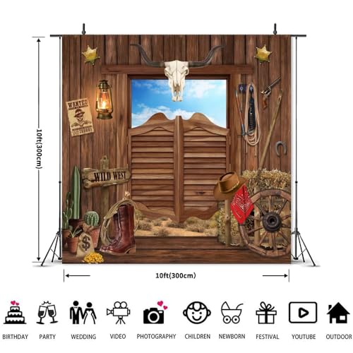 Western Backdrop 10x10ft Cowboy Party Decoration Banner Wild West Rodeo Decor Country Saloon Bar Rustic Wooden Barn Door Photo Background for Kids Boy Birthday Baby Shower