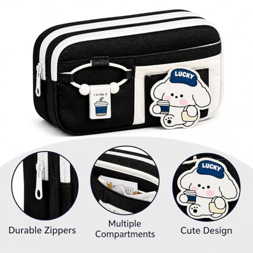 Image of WORSHIPER Cute Cartoon Double Zipper Pencil Pouch for Girls & Boys - Large Capacity School Stationery Organizer with Front Pocket, Waterproof Fabric Pen Case for Students (Black)