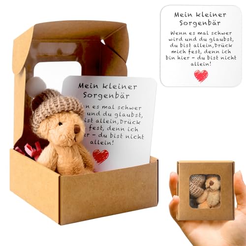 71Nmly Teddybär Klein Pocket Hug Deutsch Mini Stofftiere Kleiner Teddy Mit Karte & Geschenkbox Klein Positive Ggeschenke für Geburtstag Weihnachtsfeier Lieferunge Kollegen Freundin Geschenk (Braun)