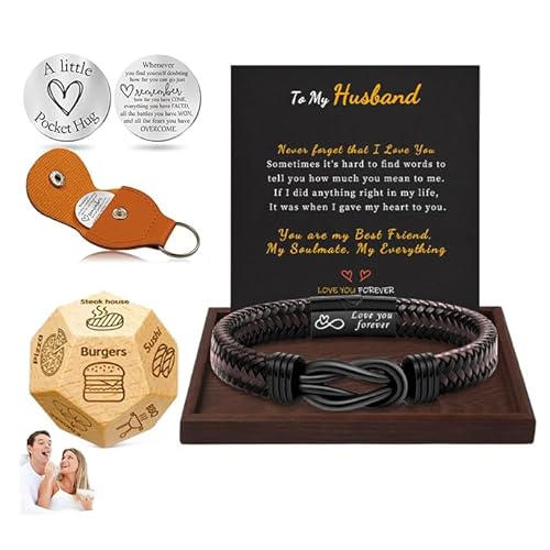 Fathers Day Gifts, Gifts for Men Who Have Everything I Love You Gifts for Him Leather Bracelets for Men Food Dice Pocket Hug Token Keyachin Date Night Decision Gift Basket for Boyfriend Husb