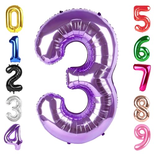 Image of 40 Inch Purple Number 3 Balloon Birthday Party Decorations for Men & Women | 40 Inch Purple inflatable foil number balloons, large birthday decorations for 3rd birthday