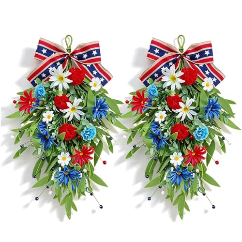 2 Pack 21 Patriotic Swag Wreaths for Cabinets Artificial 4th of July Teardrop Wreath with Carnations and Daisies Red White Blue Floral for Independence Day Memorial Day Front Door Porch Window Wall