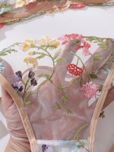 Image of Sexy Floral Embroidered Flower Mesh Underwire Push Up Lingerie Set