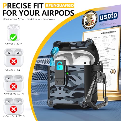 Image of RFUNGUANGO for Airpods 2nd and 1st Generation Protective Cases Automatic Pop-up with Safety Lock Clip, Full Body Shockproof Hard Case with Keychain (Cleaning Tool)-Black Camouflage