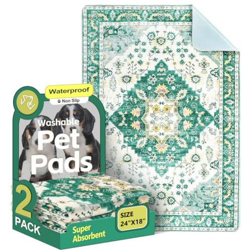 Image of Washable Pee Pads for Dogs, 2 Pack Reusable Puppy Training Pads 24 inchx18 inch Super Absorbent Waterproof Dog Training Pads, Non-Slip Potty Pads, Whelping Pads Litter Mat Green Medallion