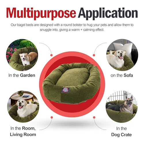 Image of Majestic Pet 32 Inch Micro Velvet Calming Dog Bed Washable - Cozy Soft Round Dog Bed with Spine for Head Support - Fluffy Donut Puppy Mat 32x23x7 (inch) Medium - Fern