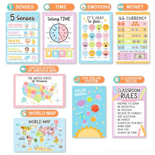 Image of Hadley Designs 16 Educational Posters for Classroom Decor - Learning Posters for Toddlers 1-3, Alphabet for Classroom Wall, Daycare Essentials, Homeschool Posters Preschool, Pastel Playroom Decor