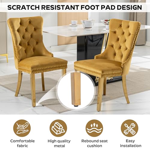 Image of 7-Piece Dining Table Set with 47In Tempered Glass Table and 6 Velvet Upholstered Chairs, Modern Scandinavian Furniture for Dining Room Kitchen(Yellow&Gold)