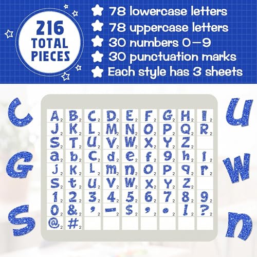 Image of Colarr 216 Pcs 7 Inch Glitter Bulletin Board Letters Large for Classroom Alphabet Punctuation Symbol Cutout Die-Cut Poster Letter with Adhesive Dot School Party Holiday Decor Display(Blue)