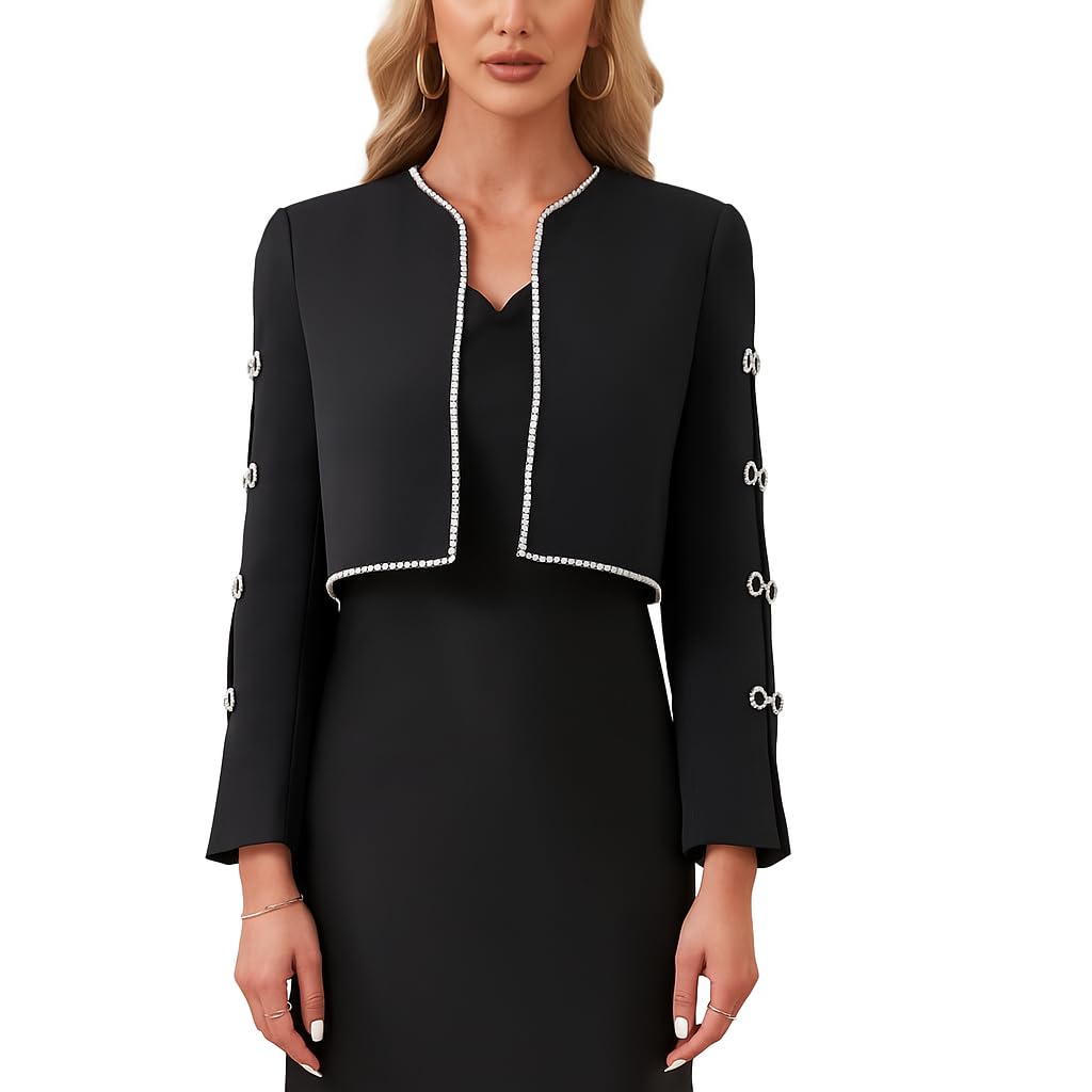 Womens Rhinestone Blazer Jacket Elegant Long Sleeve Dressy Coat for Wedding Party Evening Events