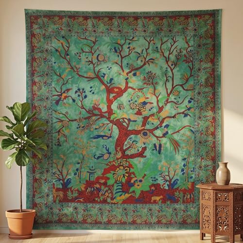 THE ART BOX Tenture Murale Arbre de Vie Esthétique Tapisserie Vert - 135x150cm Couverture Murale Coton Indien Psychédélique Tapisseries Hippie pour...